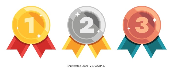 Golden silver bronze award icon. Winner trophy for different places, certificate and ribbon, medal icon for quality certificate. Vector set of bronze gold and silver illustration