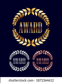 Golden, silver and bronze Award Laurel Wreath isolated on dark background . Winner Leaf label,  Symbol of Victory. Vector Illustration