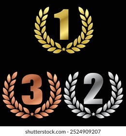 Golden, silver and bronze award laurel wreat. Set of 1st 2nd 3rd Place Gold Icons