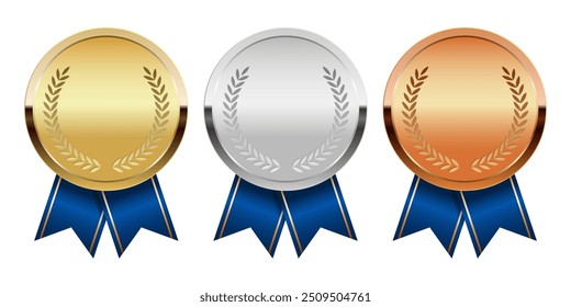 Golden silver and bronze award medal with ribbons for sport and games