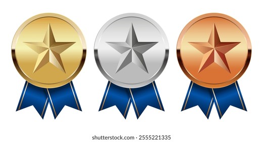 Golden silver and bronze award medal with blue ribbons and star for sport and games