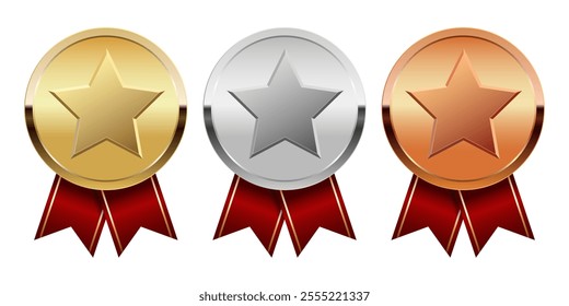 Golden silver and bronze award medal with red ribbons and star for sport and games