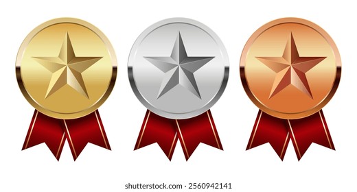 Golden silver and bronze award medal with red ribbons and star for sport and games
