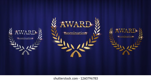 Golden, Silver And Bronze Award Signs With Laurel Wreath Isolated On Blue Curtain Background. Vector Award Design Templates