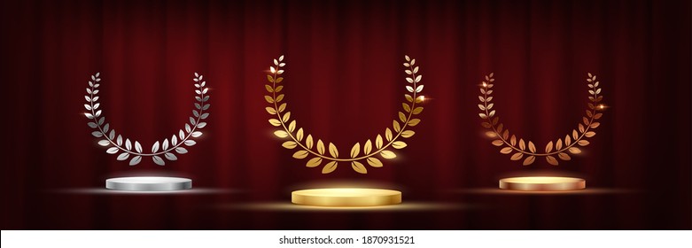 Golden, silver and bronze award signs with podiums laurel wreath isolated on red waving curtain background. Vector award design templates svg