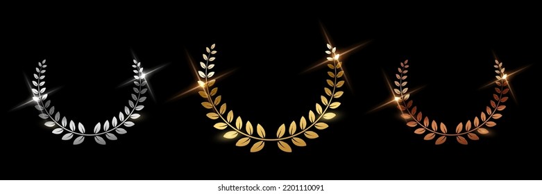 Golden, silver and bronze award signs with laurel wreath isolated on black background. Vector award design templates.