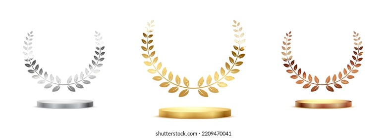 Golden, silver and bronze award signs with laurel wreath isolated on white background. Vector award design templates.