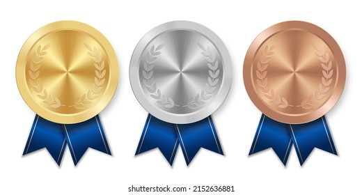 Golden silver and bronze award sport medal with blue ribbons