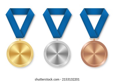 Golden silver and bronze award sport medal with blue ribbons