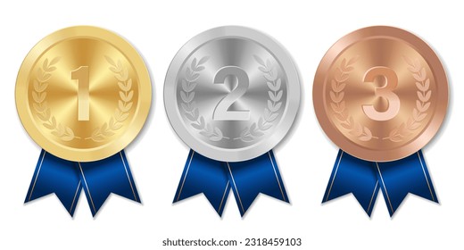 Golden silver and bronze award sport medal with blue ribbons and 