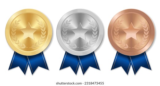 Golden silver and bronze award sport medal with blue ribbons and star