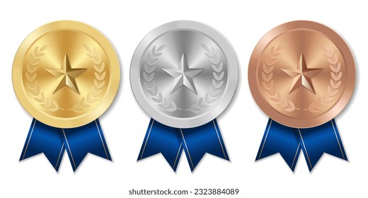 Golden silver and bronze award sport medal with blue ribbons and star