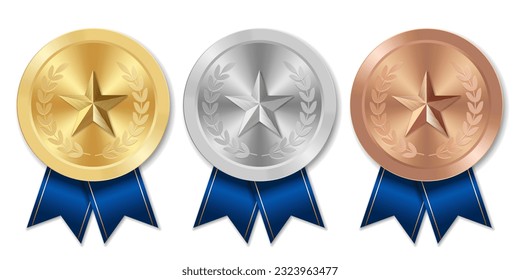 Golden silver and bronze award sport medal with blue ribbons and star