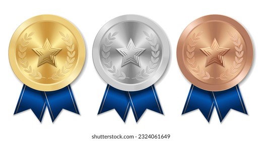 Golden silver and bronze award sport medal with blue ribbons and star