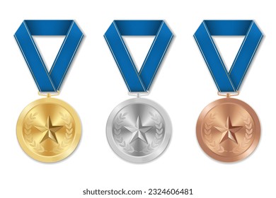 Golden silver and bronze award sport medal with blue ribbons and star