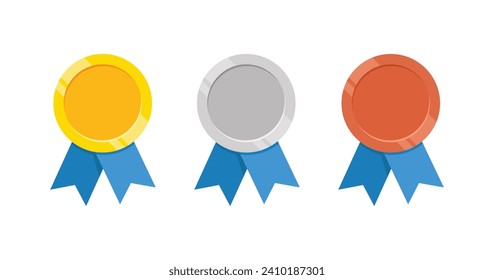 Golden silver and bronze award sport medal with blue ribbons. flat vector icons for sports apps and websites