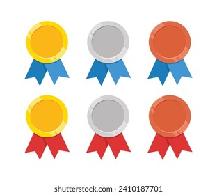 Golden silver and bronze award sport medal with blue and red ribbons. flat vector icons for sports apps and websites