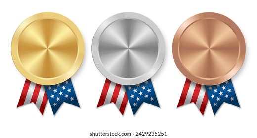 Golden silver and bronze award sport medal with USA ribbons and star