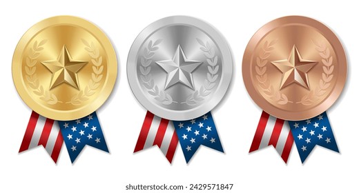 Golden silver and bronze award sport medal with USA ribbons and star