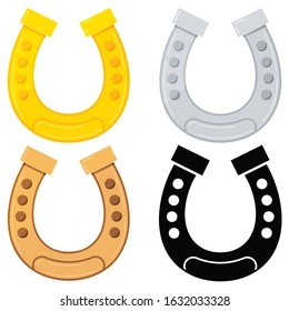 Golden, silver, bronze, black horseshoe icon vector set for good luck isolated on white background. Horseshoe sign collection. Flat cartoon style illustration. Lucky St. Patrick's day symbol.