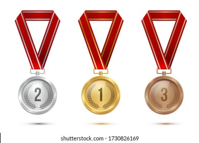 Golden, silver and bronze blank medals hanging on red ribbons isolated on white background. Vector sports illustration