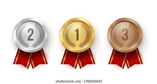 Golden, silver and bronze blank medals with red ribbons isolated on white background. Vector sports illustration