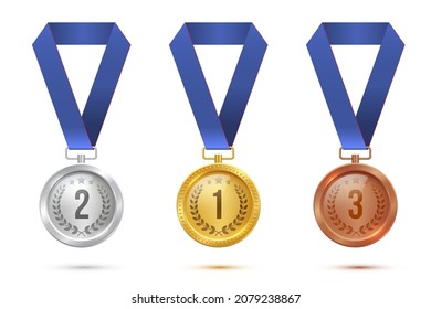 Golden, silver and bronze blank medals hanging on blue ribbons isolated on white background. Vector sports illustration.