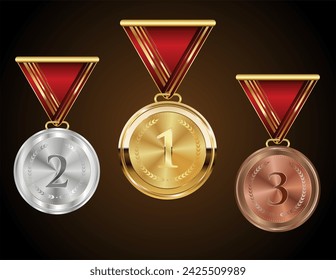 Golden silver and bronze blank medals hanging on red ribbons vector illustration