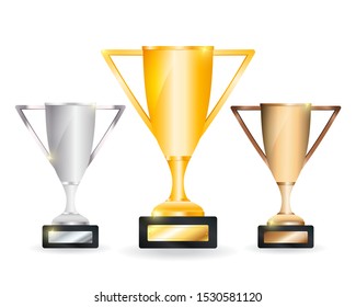 Golden, Silver and Bronze Champion Cup Icon Set Closeup Isolated. Design Template of Championship Trophy. Sport Tournament Award, Winner Cup and Victory Concept.