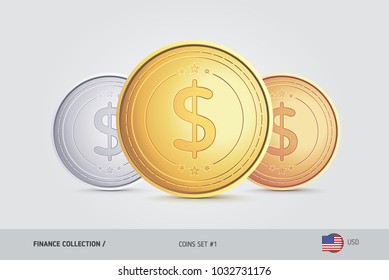 Golden, Silver and Bronze coins. Realistic metallic United States Dollar coins set. Isolated objects on background. Simple thin line metallic coins for websites, web design, mobile app, infographics.