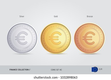 Golden, Silver and Bronze coins. Realistic metallic Euro coins set. Isolated objects on background. Simple thin line metallic coins for websites, web design, mobile app, infographics.