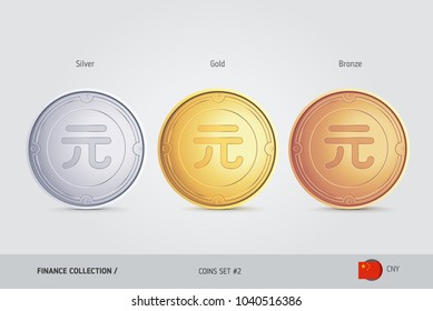 Golden, Silver and Bronze coins. Realistic metallic Chinese Yuan coins set. Isolated objects on background. Finance concept for websites, web design, mobile app, infographics.