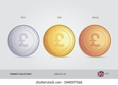 Golden, Silver and Bronze coins. Realistic metallic Pound Sterling coins set. Isolated objects on background. Finance concept for websites, web design, mobile app, infographics.