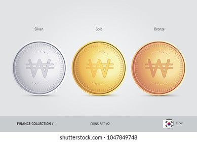Golden, Silver and Bronze coins. Realistic metallic South Korean Won coins set. Isolated objects on background. Finance concept for websites, web design, mobile app, infographics.