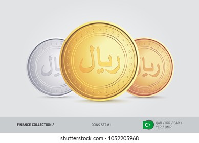 Golden, Silver and Bronze coins. Realistic metallic Islamic Rial coins set. Isolated objects on background. Finance concept for websites, web design, mobile app, infographics.