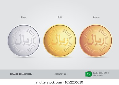 Golden, Silver and Bronze coins. Realistic metallic Islamic Rial coins set. Isolated objects on background. Finance concept for websites, web design, mobile app, infographics.