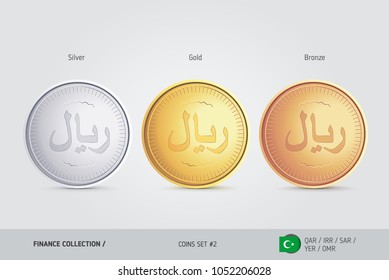 Golden, Silver and Bronze coins. Realistic metallic Islamic Rial coins set. Isolated objects on background. Finance concept for websites, web design, mobile app, infographics.