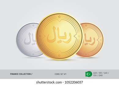 Golden, Silver and Bronze coins. Realistic metallic Islamic Rial coins set. Isolated objects on background. Finance concept for websites, web design, mobile app, infographics.