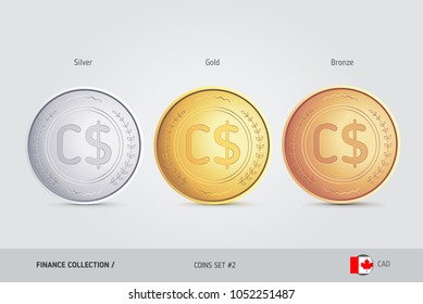 Golden, Silver and Bronze coins. Realistic metallic Canadian Dollar coins set. Isolated objects on background. Finance concept for websites, web design, mobile app, infographics.