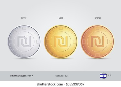Golden, Silver and Bronze coins. Realistic metallic Israeli New Shekel coins set. Isolated objects on background. Finance concept for websites, web design, mobile app, infographics.