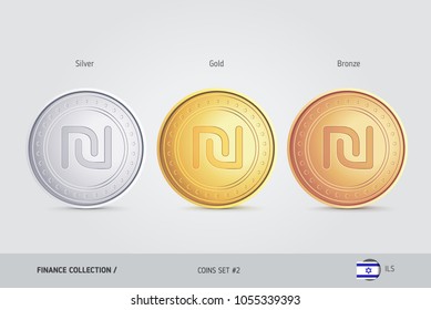 Golden, Silver and Bronze coins. Realistic metallic Israeli New Shekel coins set. Isolated objects on background. Finance concept for websites, web design, mobile app, infographics.
