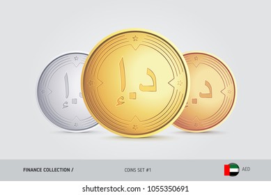 Golden, Silver and Bronze coins. Realistic metallic United Arab Emirates Dirham coins set. Isolated objects on background. Finance concept for websites, web design, mobile app, infographics.