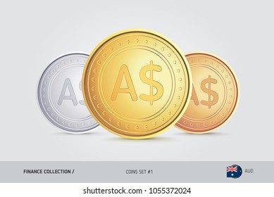 Golden, Silver and Bronze coins. Realistic metallic Australian Dollar coins set. Isolated objects on background. Finance concept for websites, web design, mobile app, infographics.