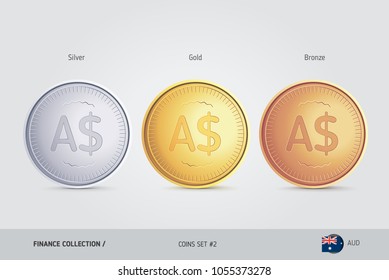 Golden, Silver and Bronze coins. Realistic metallic Australian Dollar coins set. Isolated objects on background. Finance concept for websites, web design, mobile app, infographics.