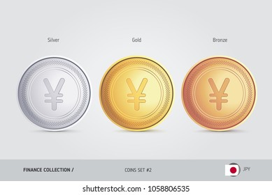 Golden, Silver and Bronze coins. Realistic metallic Japanese Yen coins set. Isolated objects on background. Finance concept for websites, web design, mobile app, infographics.