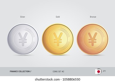 Golden, Silver and Bronze coins. Realistic metallic Japanese Yen coins set. Isolated objects on background. Finance concept for websites, web design, mobile app, infographics.