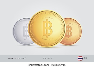 Golden, Silver and Bronze coins. Realistic metallic Thai Baht coins set. Isolated objects on background. Finance concept for websites, web design, mobile app, infographics.