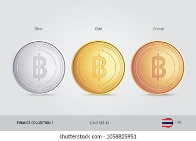 Golden, Silver and Bronze coins. Realistic metallic Thai Baht coins set. Isolated objects on background. Finance concept for websites, web design, mobile app, infographics.