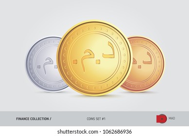 Golden, Silver and Bronze coins. Realistic metallic Moroccan Dirham coins set. Isolated objects on background. Finance concept for websites, web design, mobile app, infographics.