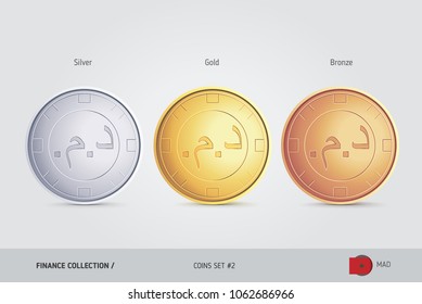 Golden, Silver and Bronze coins. Realistic metallic Moroccan Dirham coins set. Isolated objects on background. Finance concept for websites, web design, mobile app, infographics.